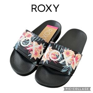 ROXY Slippy RO girls Slide Sandals black floral size 3 NWT